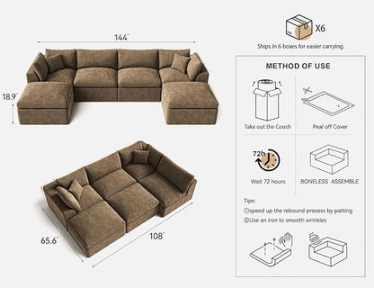Cloud Sectional Couches for Living Room | 144 Inch U-Shaped Boneless Couch with Ottoman | Brown Modular Sectionals Sofa Couch