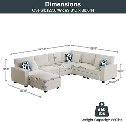 Legend Vansen Oversized Modular Sectional Sofa,U/L‑Shaped Reversible Couch with Ottoman,Deep Seat Plush Polyester Sofa for Living Room,7‑Seater,Cream