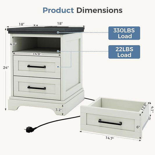 DUMOS Farmhouse Nightstand with Charging Station & USB Ports, Wood Bedside Table with 2 Spacious Storage Drawers and Open Shelf, Minimalist Modern End Table for Bedroom, White