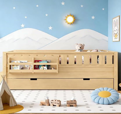 Bellemave Twin Size Kids Bed with high Rails and with Built-in Bookshelf and Trundle for Kids, Girls, Boys, Wood Montessori Bed Without Door, Light Natural