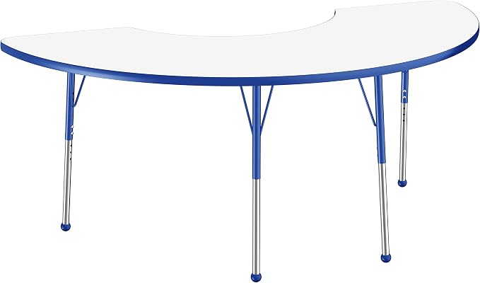 FDP Dry-Erase Half Moon Activity School and Office Table (36 x 72 inch), Standard Legs with Ball Glides for Collaborative Spaces, Adjustable Height 19-30 inches - Whiteboard Top, Blue Edge and Legs