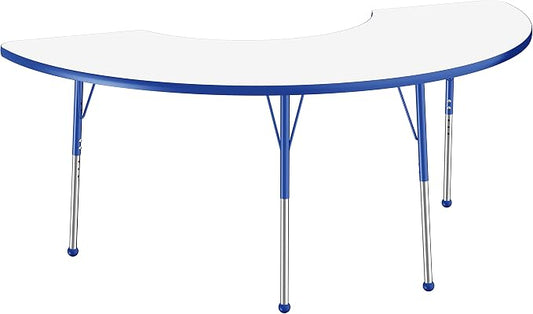 FDP Dry-Erase Half Moon Activity School and Office Table (36 x 72 inch), Standard Legs with Ball Glides for Collaborative Spaces, Adjustable Height 19-30 inches - Whiteboard Top, Blue Edge and Legs