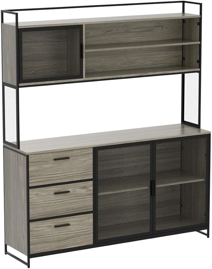 AIEGLE Large Kitchen Hutch Storage Cabinet, Pantry Cabinets with Hutch, Metal Frame Cupboard with Mesh Door, Drawer & Microwave Shelf, Freestanding Kitchen Storage, Rustic (59" W x 15.7" D x 68.5" H)