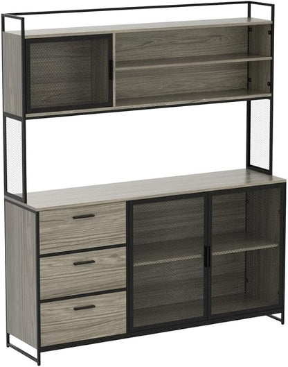 AIEGLE Large Kitchen Hutch Storage Cabinet, Pantry Cabinets with Hutch, Metal Frame Cupboard with Mesh Door, Drawer & Microwave Shelf, Freestanding Kitchen Storage, Rustic (59" W x 15.7" D x 68.5" H)