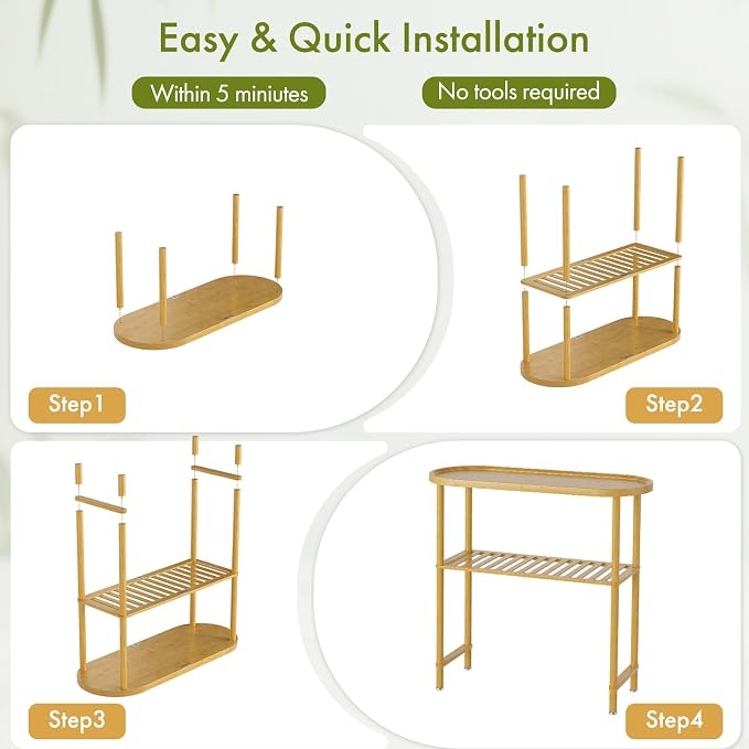 Small Entryway Table Bamboo 30.7", Narrow Hallway Table Oval Top 2-tier, Slim Console Table with Anti-fall Edge, Sofa Side Table 5min Easy Assembly, Small TV Stand for Bedroom, Indoor Plant Stand