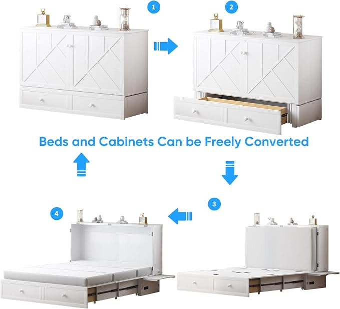PUREMIND Queen Murphy Bed, Hideaway Murphy Cabinet Bed with 2 Storage Drawers, Space-Saving Chest Beds with USB Charging Ports and Headboard for Bedroom, Guest Room, White