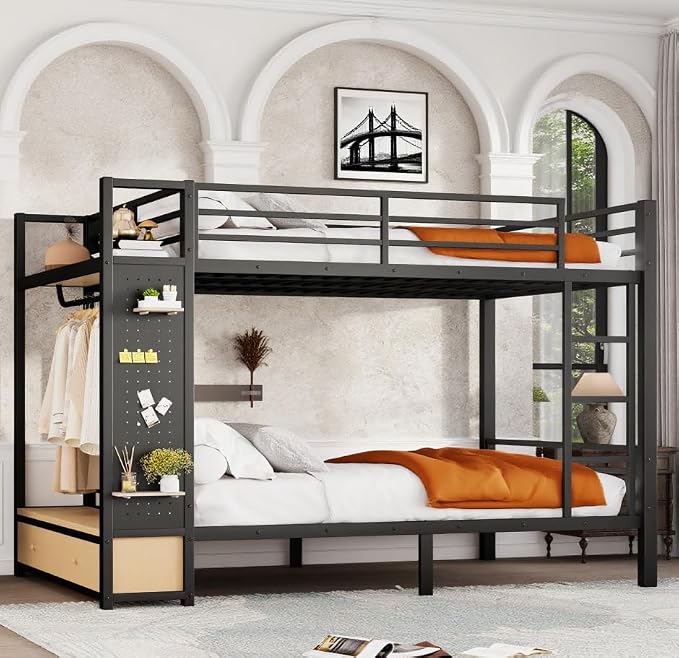 Bellemave Bunk Bed Queen Over Queen,Metal Bunk Bed with Shelf and Guardrails,Queen Bunk beds with Storage Drawers and Clothes Hooks for Kids, Teens & Adults（Black）