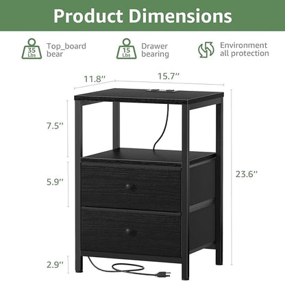 BOLUO Black Nightstand with Charging Station, LED Night Stand with 2 Fabric Drawers, Bedside Table with USB Ports and Outlets, Nightstand for Bedroom Modern