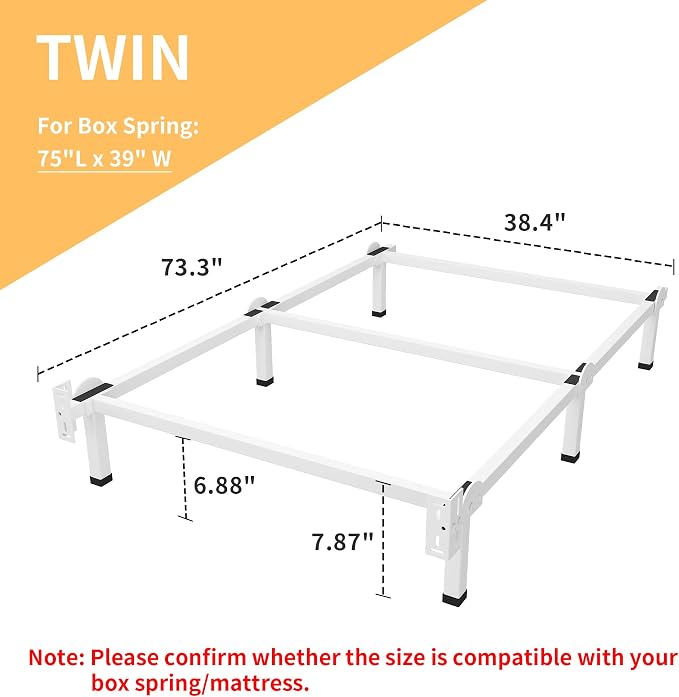 Superay Metal Bed Frame, 6-Leg Bed Base, 8 inches Support for Box Spring, Twin, Easy Assembly, White