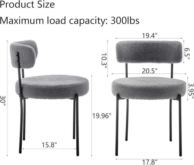 Cinxzar Grey Boucle Dining Chairs Set of 4, Upholstered Dining Room Chairs with Black Metal Legs, Round Modern Dining Chair for Dining Room, Kitchen
