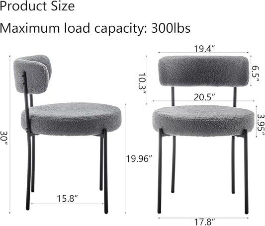 Cinxzar Grey Boucle Dining Chairs Set of 4, Upholstered Dining Room Chairs with Black Metal Legs, Round Modern Dining Chair for Dining Room, Kitchen