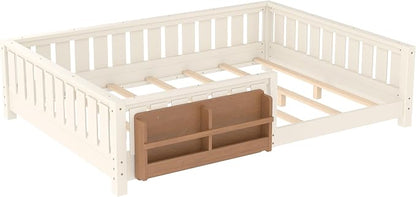Bellemave Queen Floor Bed with Slats and Rails, Queen Size Montessori Floor Bed with Bookcase and Fence, Easy Assemble Montessori Beds for Girls, Boys, Beige Floor Beds