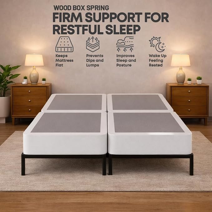 Treaton, 8-Inch Sturdy Wood Box Spring for Mattress Support - Durable and Fully Assembled, Natural Wood Foundation for California King(Fold), White