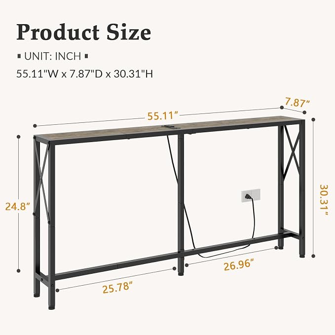 Gewudraw Sofa Table with Oulets and USB Ports, 55.1" Couch Table Behind Sofa, Industrial Long Skinny Stand for Hallway, Living Room, Bedroom, 6.5 Feet Power Cord
