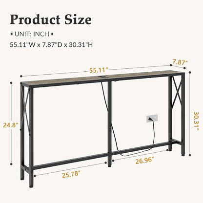 Gewudraw Sofa Table with Oulets and USB Ports, 55.1" Couch Table Behind Sofa, Industrial Long Skinny Stand for Hallway, Living Room, Bedroom, 6.5 Feet Power Cord