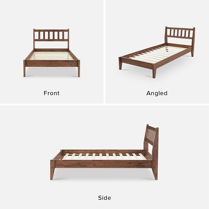 mopio Ted Bed Frame with Headboard, Mid Century Modern Acacia Solid Wood Platform Bed Frame, Wooden Slats, No Box Spring, Double Metal Bar Support (Solid Wood Slatted, Twin)