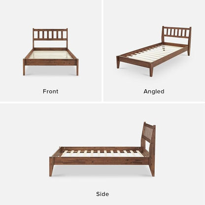 mopio Ted Bed Frame with Headboard, Mid Century Modern Acacia Solid Wood Platform Bed Frame, Wooden Slats, No Box Spring, Double Metal Bar Support (Solid Wood Slatted, Twin)
