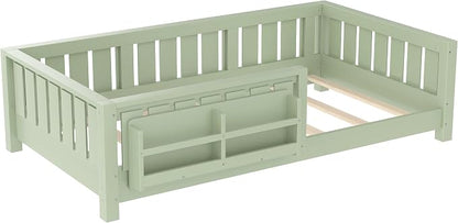 Bellemave Twin Size Floor Bed with high Rails and with Built-in Bookshelf for Kids, Girls, Boys, Wood Montessori Floor Bed Without Door, Avocado Green