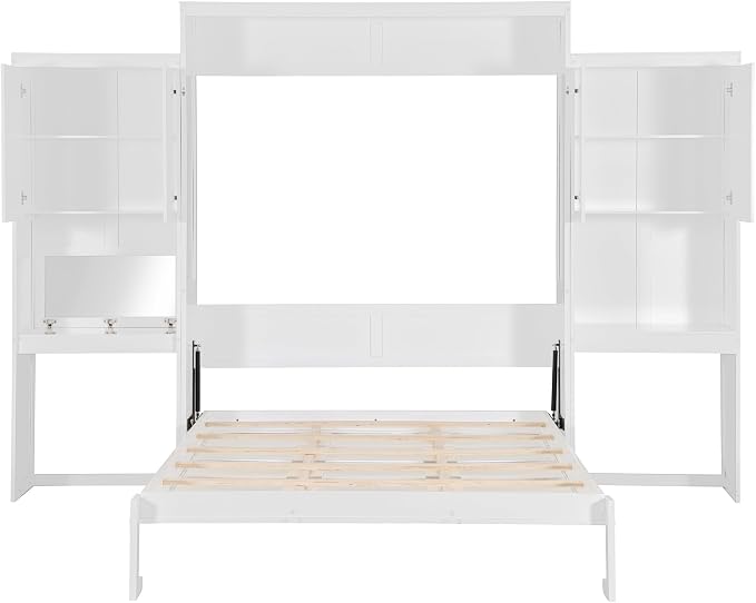 Ball & Cast Murphy Bed Queen Bed Frame with Headboard,Hideaway Bedframe w/Vanity and Cabinets,Wood Wall Cabinet,Slat Support,can be Folded,No Box Spring Needed,for Small Room,White