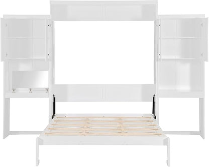 Ball & Cast Murphy Bed Queen Bed Frame with Headboard,Hideaway Bedframe w/Vanity and Cabinets,Wood Wall Cabinet,Slat Support,can be Folded,No Box Spring Needed,for Small Room,White