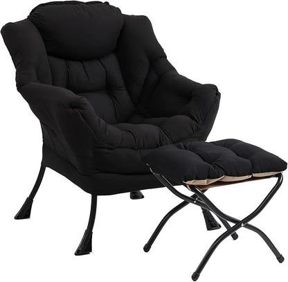 Furlide Lazy Chair with Ottoman, Modern Accent Chair with Armrests and a Side Pocket, Black Accent Chairs, Reading Chairs, Oversized Armchairs for Bedroom, Study, Living Room, Courtyard
