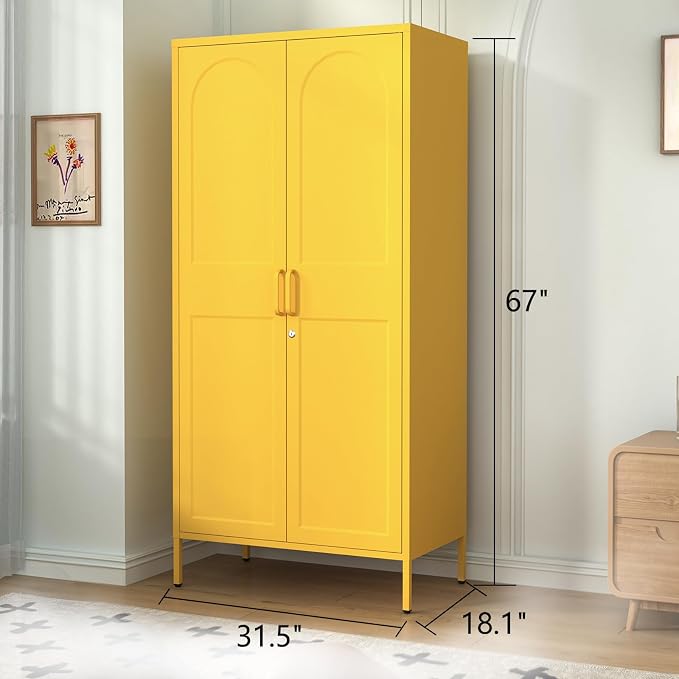 67" Industrial Lockable Metal 2-Door Wardrobe Storage Cabinet with Hanging Rod & Adjustable Shelves, Heavy Duty Multipurpose for Bedroom, Garage, Home Office, Yellow 67" H X 31.5" W X 18.1" D