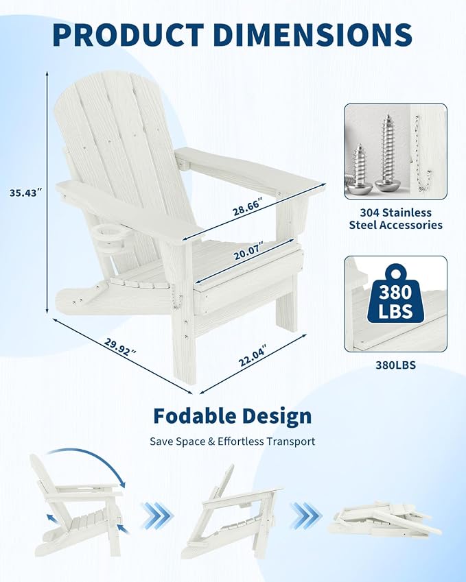 Folding Adirondack Chair Set of 2 with Ottoman, All-Weather HDPE Outdoor Chair, Wooden Textured with Cup Holder for patios, Decks, Gardens, fire pits, White