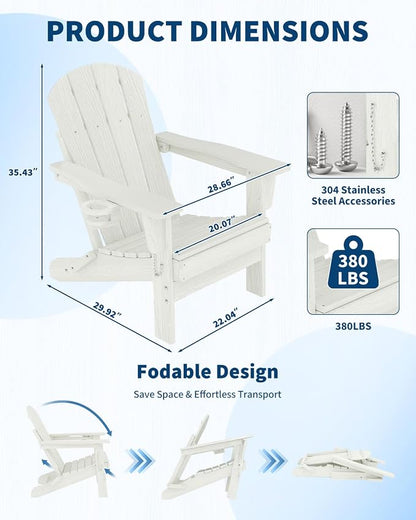 Folding Adirondack Chair Set of 2, All-Weather HDPE Outdoor Chair, Wooden Textured with Cup Holder for patios, Decks, Gardens, fire pits, White