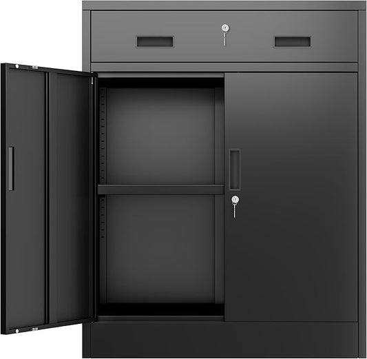 BESFUR Metal Storage Cabinet, Garage Storage Cabinet with One Drawer and Adjustable Shelf, Locking Short Storage Cabinet for Office Garage Home, Black Metal Cabinets(36" H x 27.5" W x 16" D)