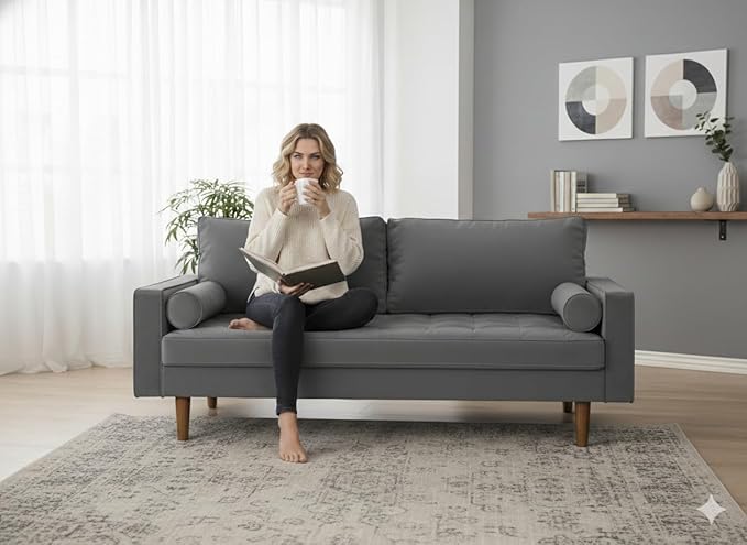 Container Furniture Direct Womble 58 Inch Velvet Loveseat Sofa with Elegant Button Tufted Upholstery, Square Arms, Splayed Wood Legs, Includes Matching Bolster Pillows, Grey