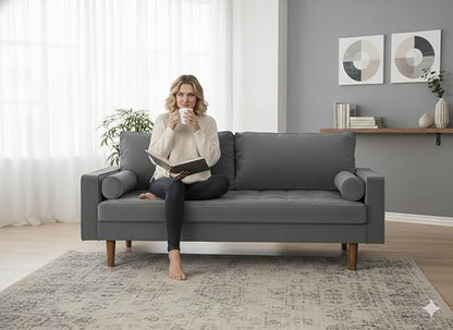 Container Furniture Direct Womble 58 Inch Velvet Loveseat Sofa with Elegant Button Tufted Upholstery, Square Arms, Splayed Wood Legs, Includes Matching Bolster Pillows, Grey