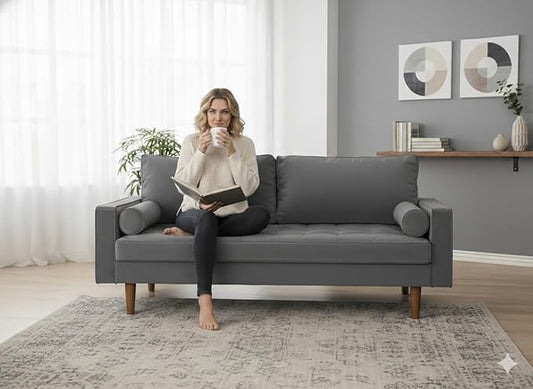 Container Furniture Direct Womble 58 Inch Velvet Loveseat Sofa with Elegant Button Tufted Upholstery, Square Arms, Splayed Wood Legs, Includes Matching Bolster Pillows, Grey