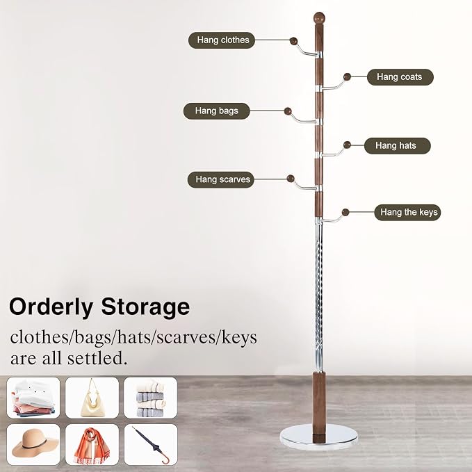Wooden Coat Rack Freestanding, Hall Tree Hanger With Resin Hooks, Adjustable Heavy Duty Coat Rack for Hanging Clothes Bags Hats in Living Room Bedroom (coat rack, metal-cherry color)