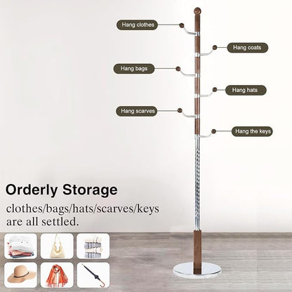 Wooden Coat Rack Freestanding, Hall Tree Hanger With Resin Hooks, Adjustable Heavy Duty Coat Rack for Hanging Clothes Bags Hats in Living Room Bedroom (coat rack, metal-cherry color)