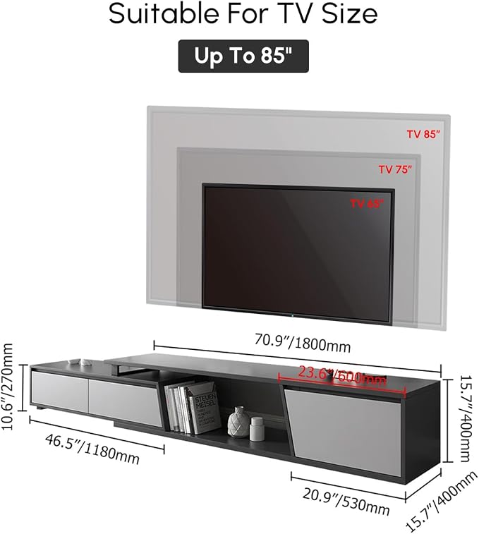 homary Extendable TV Stand with 3 Drawers Minimalist Rectangle Entertainment Center TV Console Up to 110" (70.9”W-110.2”W) (Gray)