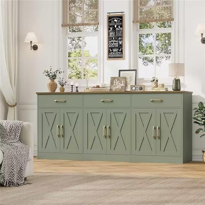 HOSTACK 71" Large Sideboard Buffet Cabinet with Storage, Farmhouse Coffee Bar Cabinet with 3 Drawers, Long Kitchen Buffet Table, Kitchen Sideboard Storage Cabinet for Dining, Living Room, Green/Brown