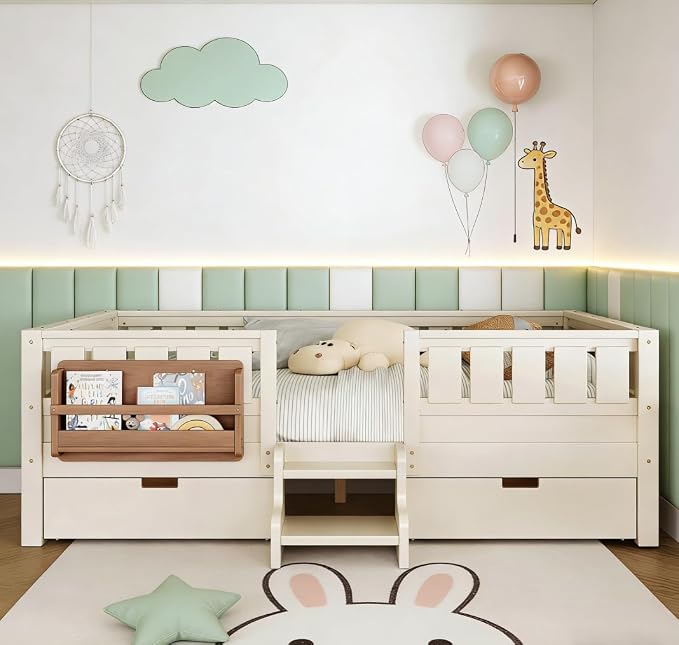 Bellemave Queen Size Kids Bed with high Rails and with Built-in Bookshelf and Drawers for Kids, Girls, Boys, Wood Montessori Bed Without Door, Beige