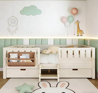 Bellemave Queen Size Kids Bed with high Rails and with Built-in Bookshelf and Drawers for Kids, Girls, Boys, Wood Montessori Bed Without Door, Beige