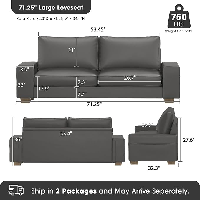 Valthie Faux Leather Couch, Mid Century Modern Comfy Loveseat Sofa with Wide Arm, Side Pockets, Solid Wooden Frame for Office, Living Room and Bedroom, 2 Seater (Gery, 71.25 Inches)