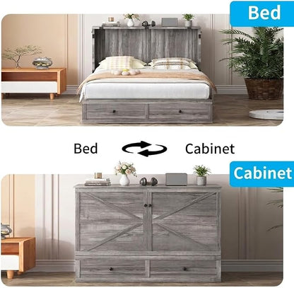 Mjkone Queen Size Murphy Bed with Tri-Folding Mattress, Farmhouse Murphy Cabinet with USB Charging Station, Modern Cabinet Beds with Large Storage Drawers for Living Room Home Office, Gray