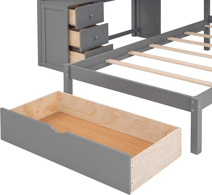 Ball & Cast Full Over Twin Bunk Bed with Safty Guardrail & Storage Stair,Wood Loft Bedframe W/Drawers & Shelves,Desk,Space-Saving,Easy Assembly,Versatile Furniture for Boys Girls Teen Bedroom,Gray