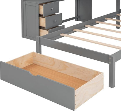 Ball & Cast Full Over Twin Bunk Bed with Safty Guardrail & Storage Stair,Wood Loft Bedframe W/Drawers & Shelves,Desk,Space-Saving,Easy Assembly,Versatile Furniture for Boys Girls Teen Bedroom,Gray