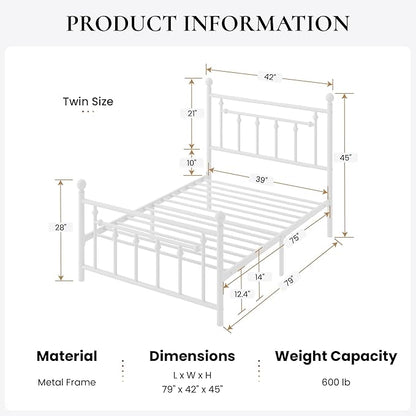 SHA CERLIN 14" Twin Size Metal Platform Bed Frame/Victorian Headboard and Footboard/Steel Slats Mattress Foundation for Storage/No Box Spring Needed/Noise Free/White