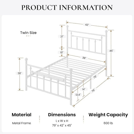 SHA CERLIN 14" Twin Size Metal Platform Bed Frame/Victorian Headboard and Footboard/Steel Slats Mattress Foundation for Storage/No Box Spring Needed/Noise Free/White