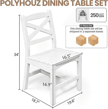 Outdoor Armless Dining Chairs Set of 8,HDPE Patio Chairs with Wide Seat,All-Weather HDPE Patio Armless Chairs for Porch, Backyard, Deck, White, Table not Included