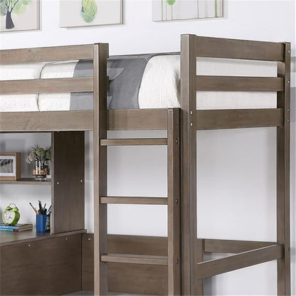 BOWERY HILL Modern Wood Twin Over Workstation Loft Bed, Warm Gray Finish, Solid Wood and MDF, 78.38" L x 43.75" W x 68.75" H, Space-Saving Design with Desk, Reading Nook, Drawer Storage, Transitional