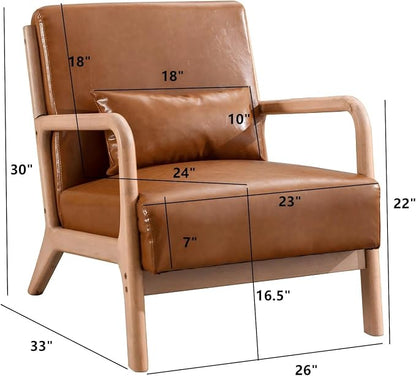 INZOY Mid-Century Modern Accent Chair Set of 2, PU Leather Reading Armchair with Waist Cushion, Upholstered Living Room Chairs for Bedroom Sunroom, Camel Set