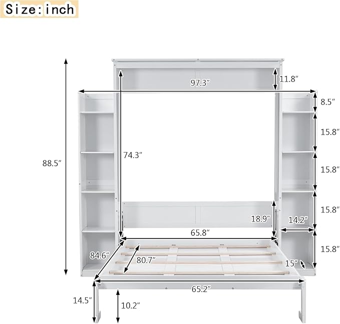 MERITLINE Queen Murphy Bed with Storage Shelves and LED Lights, Wood White Murphy Wall Bed Cabinet with Bookcase Bookshelf for Adults