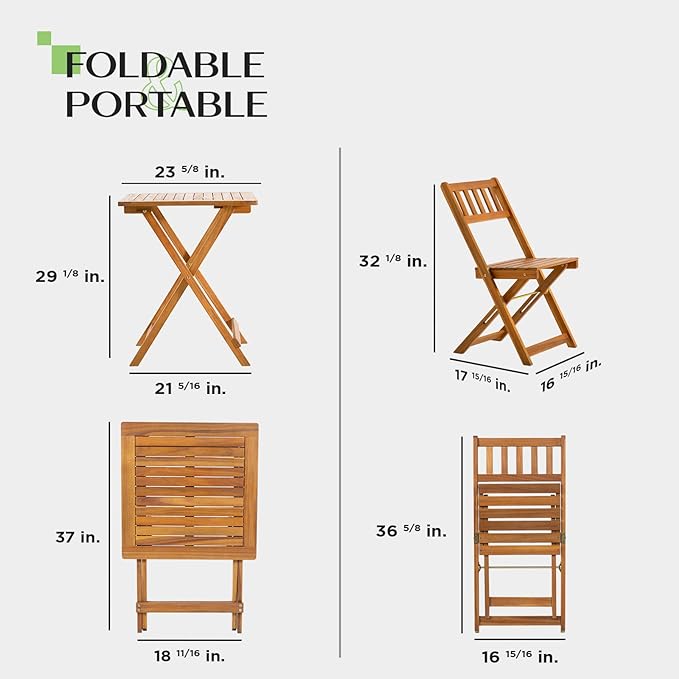 Idzo Heavy Duty 400lbs Capacity Patio Bistro Set 3 Piece Outdoor, Folding Chairs w/Cushion, Square Table, FSC-Certified Acacia Wood, Space-Saving Design for Balcony, Garden and Porch - Upgrade