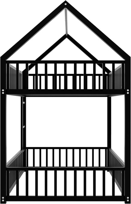 RuiSiSi Twin Over Twin House Bunk Bed, Metal Floor Bunk Beds with Safety Guardrails and Roof for Kids, Twin Bunk Bed Frame with Fenced Rails for Bedroom, No Box Spring Needed, Black